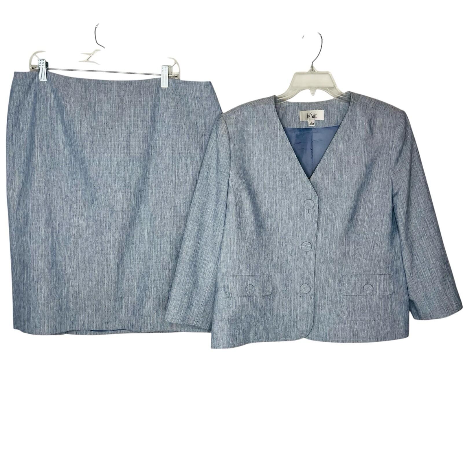 Le Suit Polyester Skirt Suit 18 Blue White Collarless 3/4 Sleeve Pockets 2pc