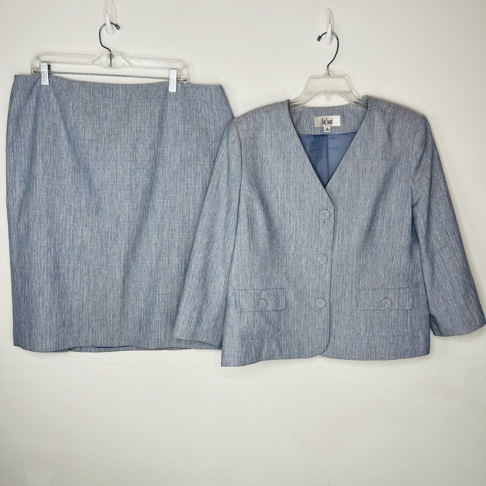 Le Suit Polyester Skirt Suit 18 Blue White Collarless 3/4 Sleeve Pockets 2pc