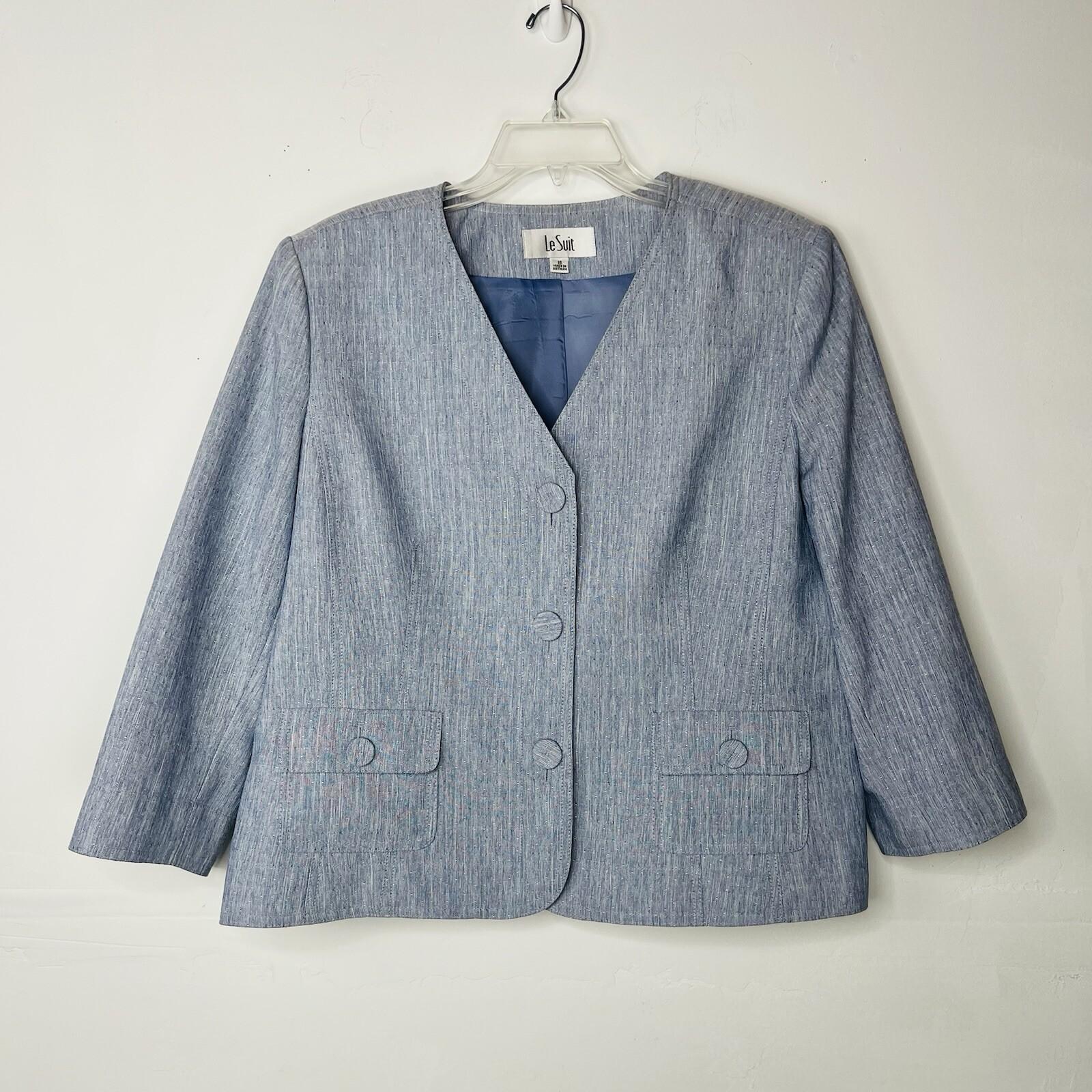 Le Suit Polyester Skirt Suit 18 Blue White Collarless 3/4 Sleeve Pockets 2pc