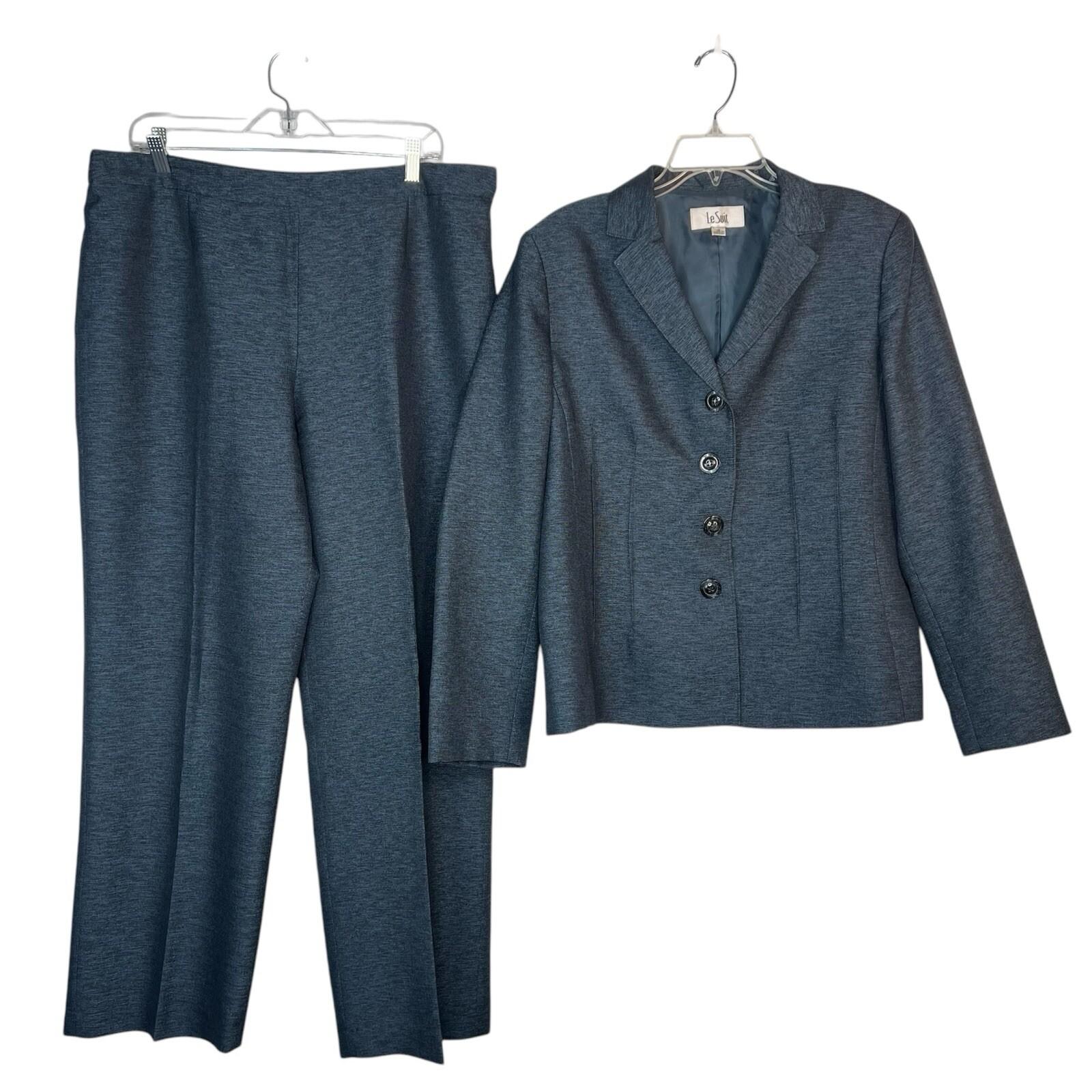 LE SUIT Polyester Metallic Pant Suit Size 16 Blue Lined Notch Collar Career 2PC