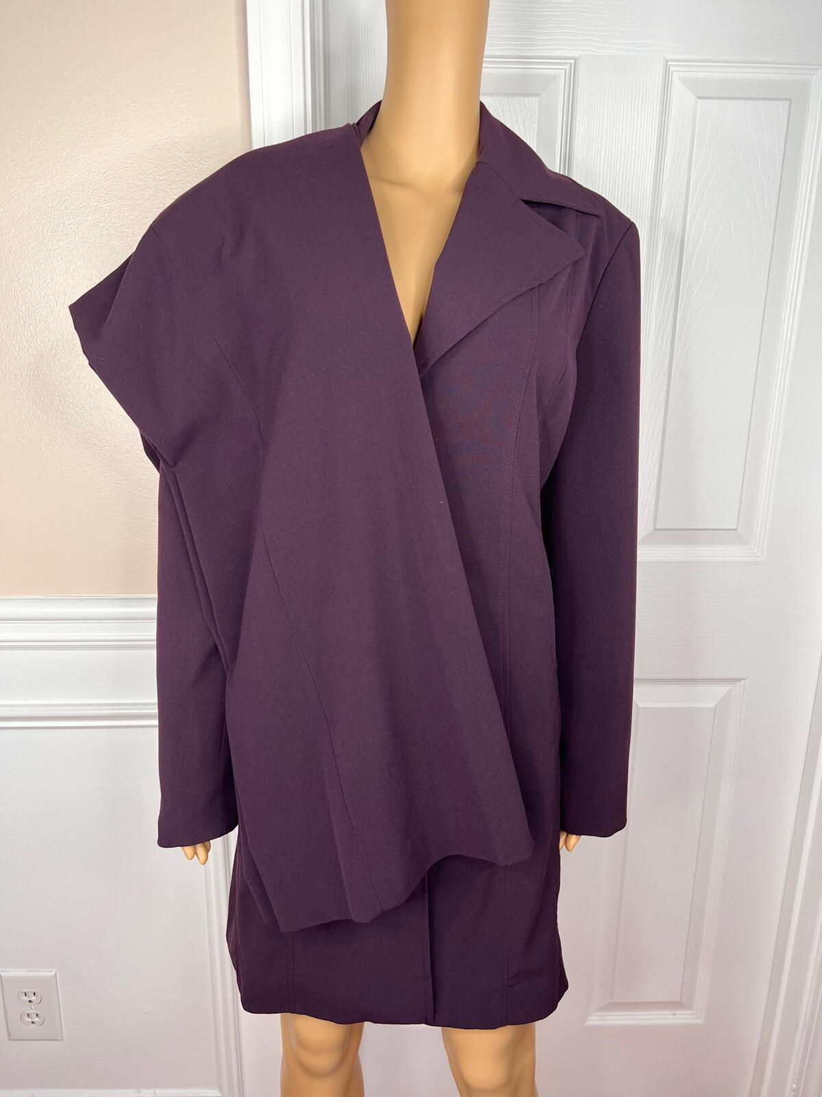 10-4711.jpg Larry Levine Polyester Rayon Spandex Pant Suit 14 Eggplant Wide Leg Lined 2PC