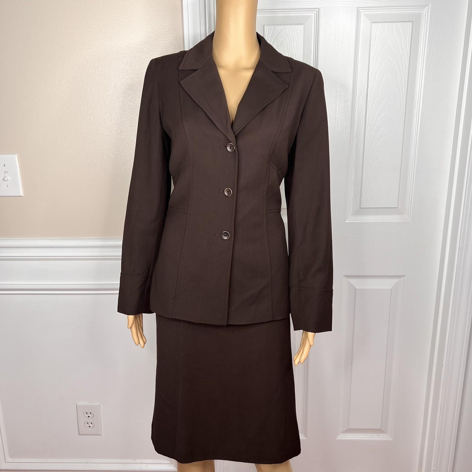 LIZ CLAIBORNE 2PC Brown Viscose Wool Lycra Stretch Flared Career Skirt Suit SZ 4