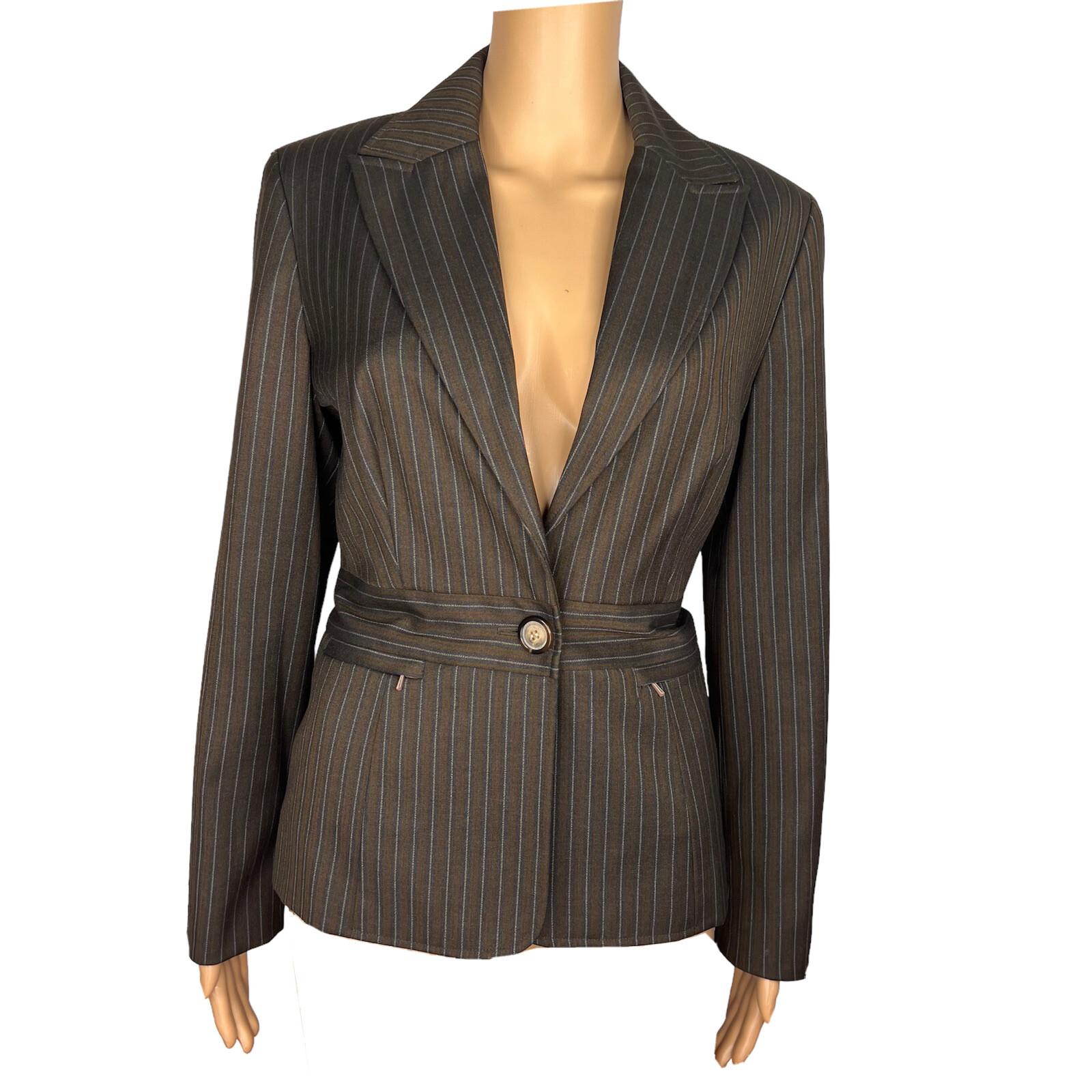 LARRY LEVINE Brown Striped Polyester Rayon Lined Career Blazer Size 8