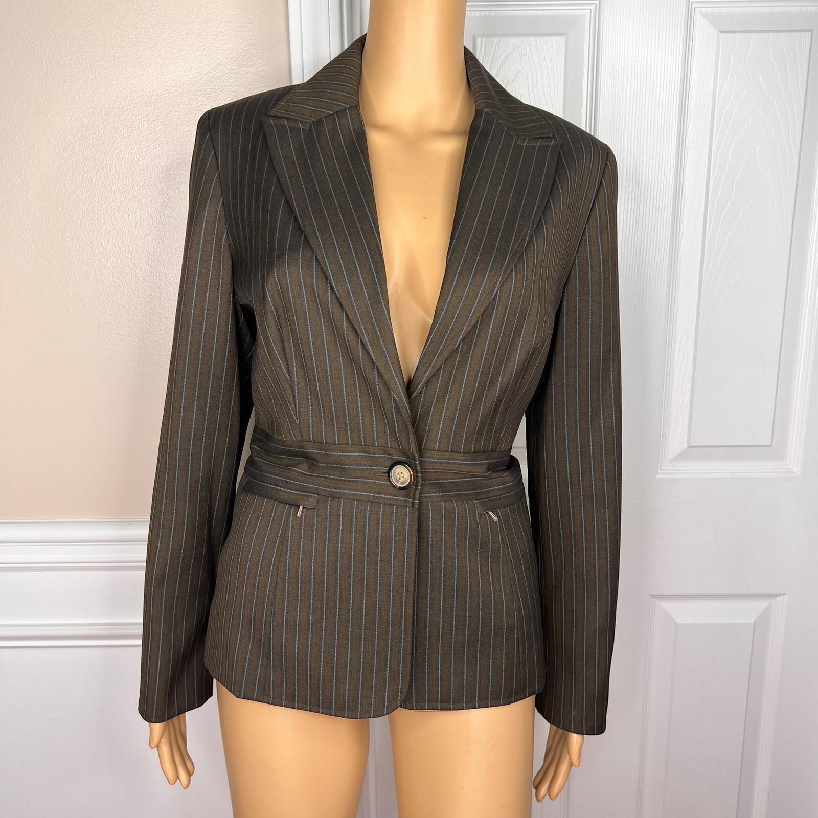 LARRY LEVINE Brown Striped Polyester Rayon Lined Career Blazer Size 8