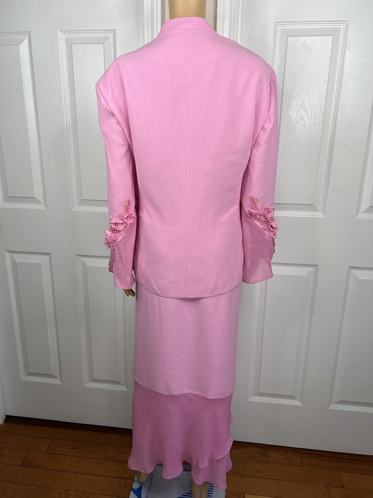 Nina Rossi Polyester Skirt Suit Top Size 22 Pink Ruffle Beaded Lined Women 3PC