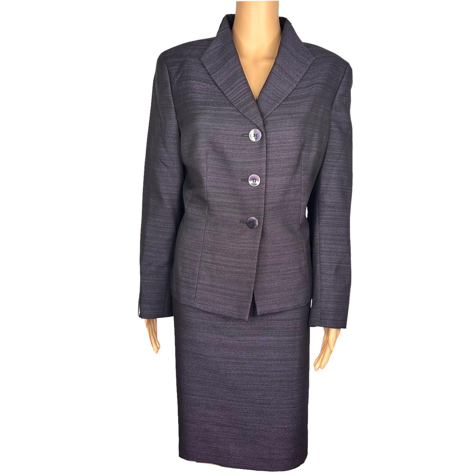 Le Suit Polyester Metallic Skirt Suit Size 14P Purple Black Stand Up Collar 2PC