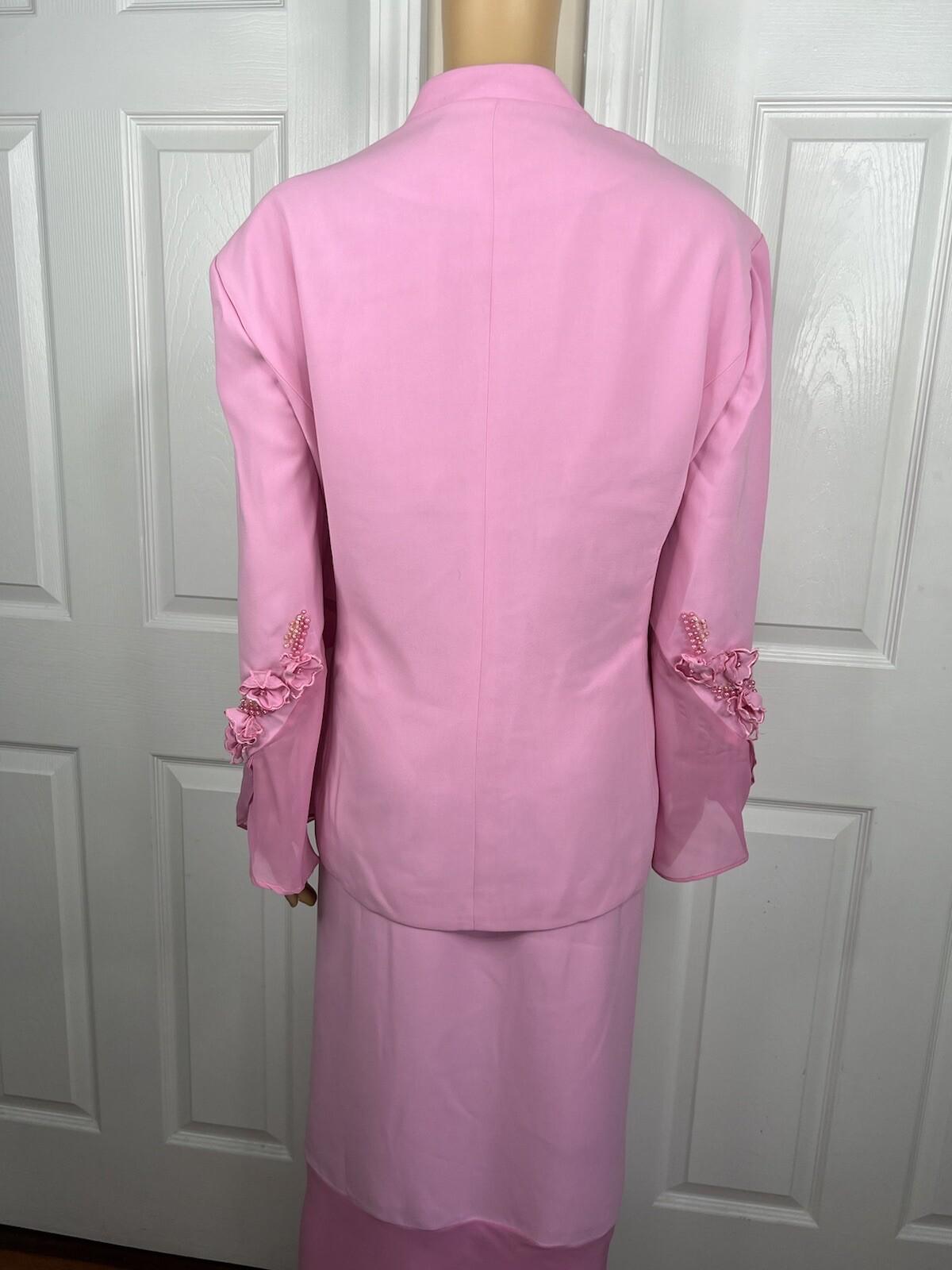 Nina Rossi Polyester Skirt Suit Top Size 22 Pink Ruffle Beaded Lined Women 3PC
