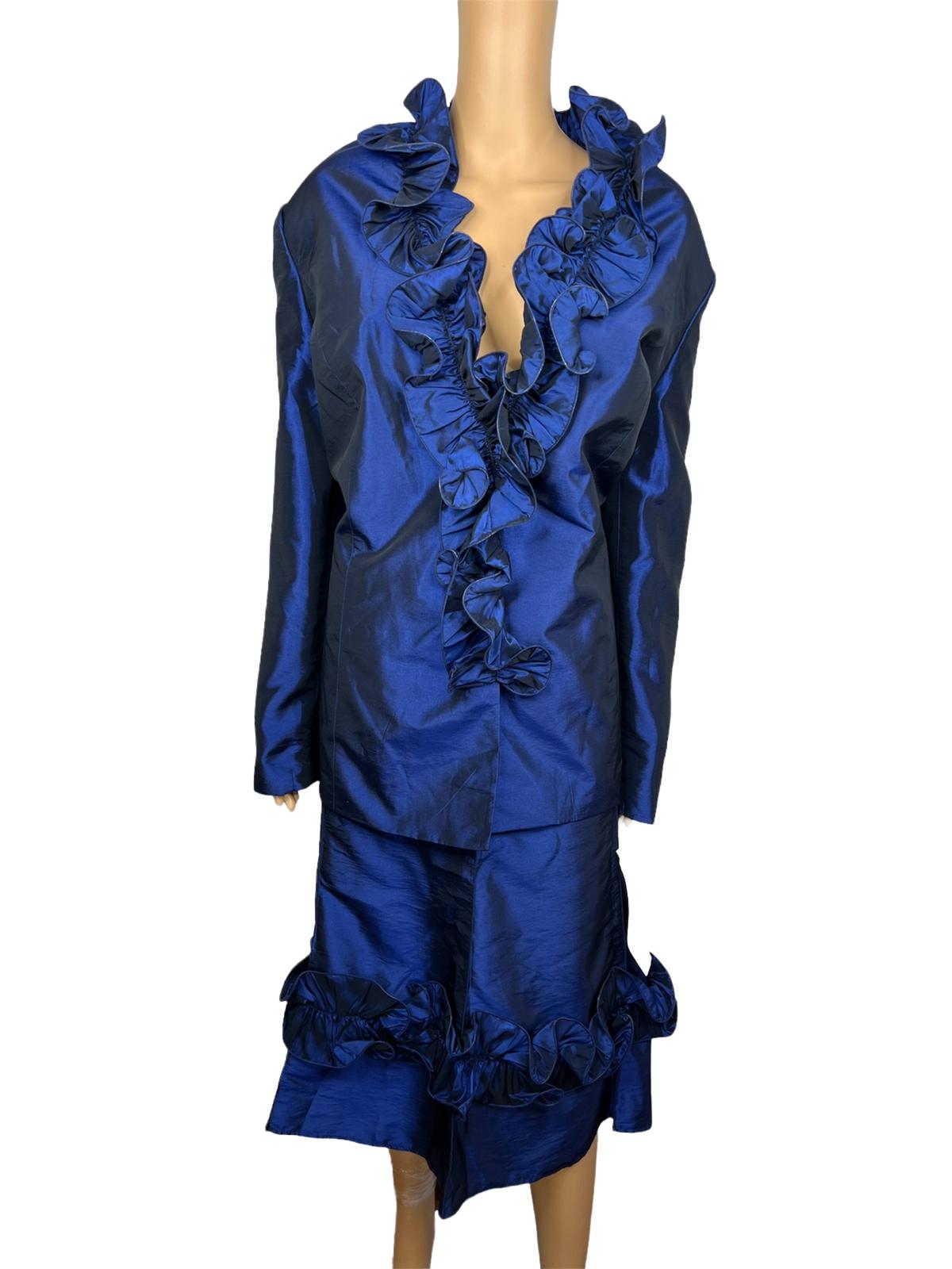 New Nubiano NY 2PC Navy Blue Polyester Ruffle Cocktail Skirt Suit Size 26W