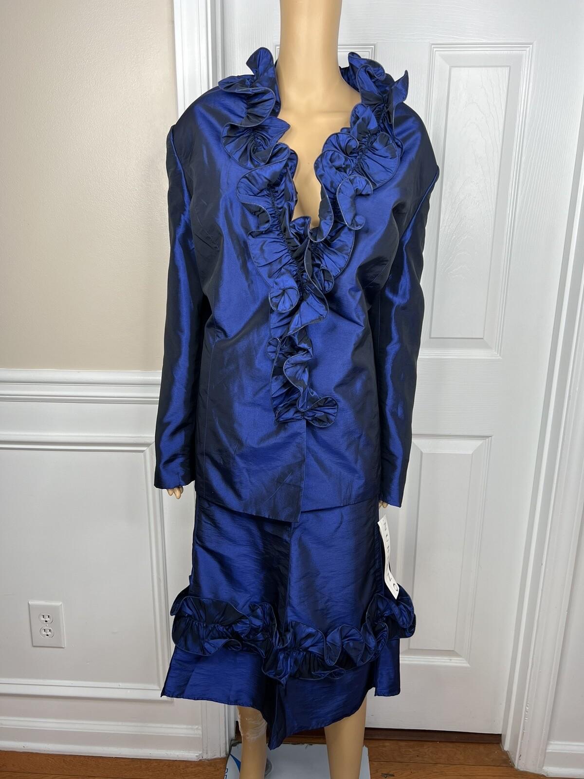 New Nubiano NY 2PC Navy Blue Polyester Ruffle Cocktail Skirt Suit Size 26W