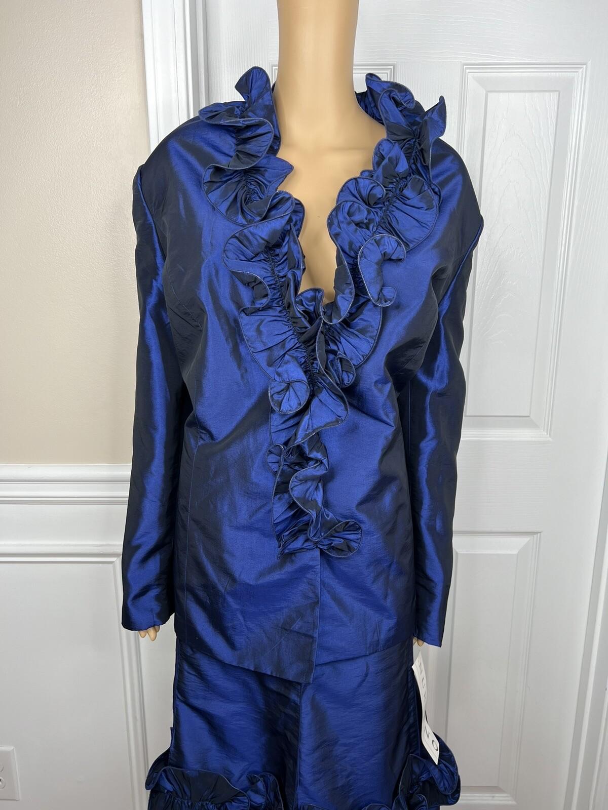 New Nubiano NY 2PC Navy Blue Polyester Ruffle Cocktail Skirt Suit Size 26W