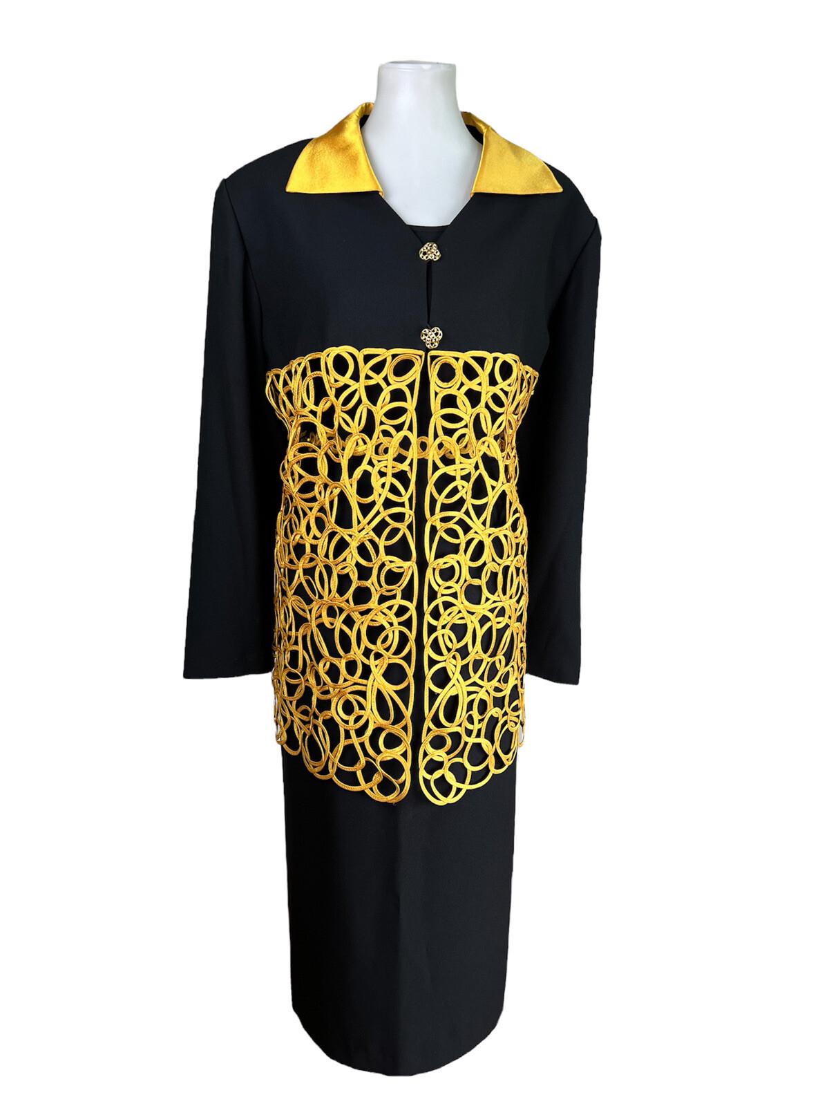 Carissimo Polyester Skirt Suit Top Size 22 Black Gold Collared Cocktail 3PC