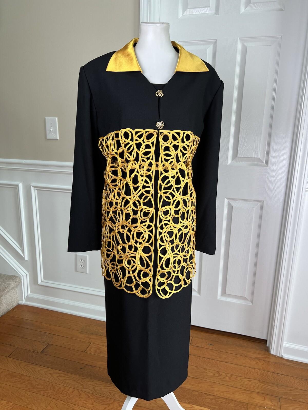 Carissimo Polyester Skirt Suit Top Size 22 Black Gold Collared Cocktail 3PC