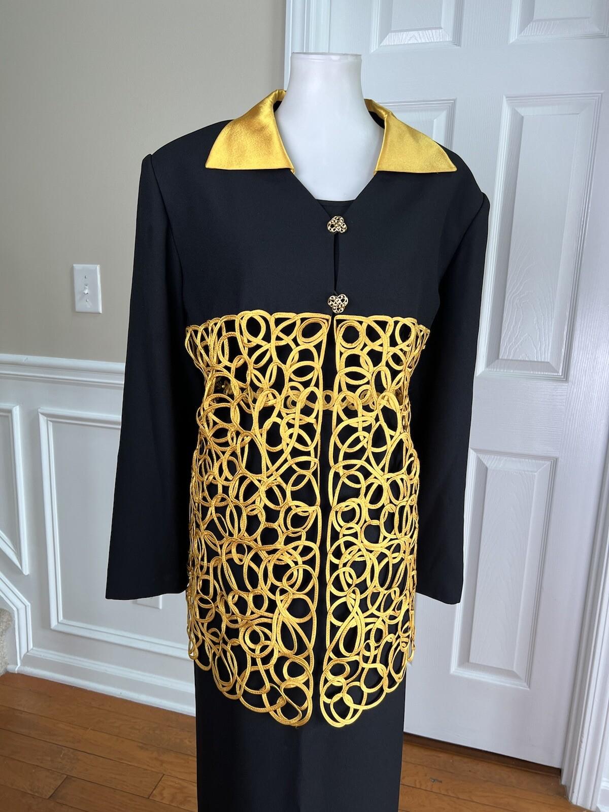 Carissimo Polyester Skirt Suit Top Size 22 Black Gold Collared Cocktail 3PC