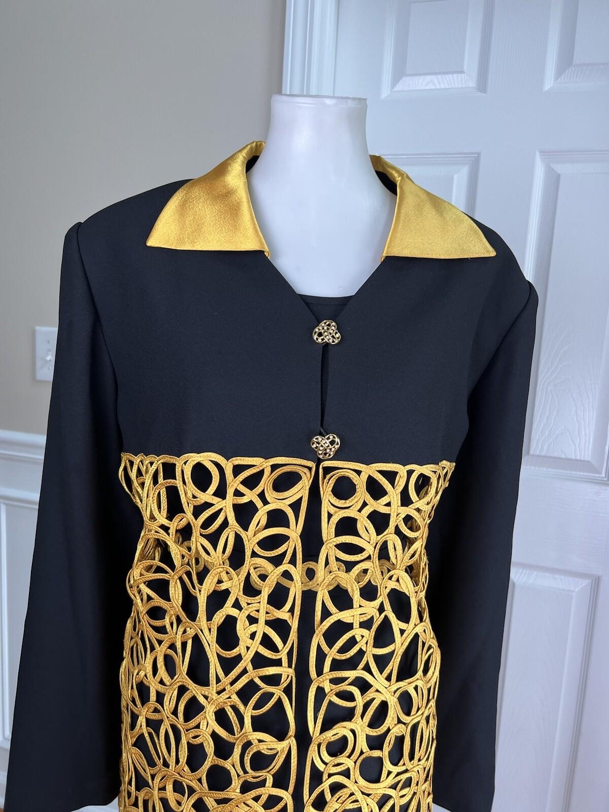 Carissimo Polyester Skirt Suit Top Size 22 Black Gold Collared Cocktail 3PC