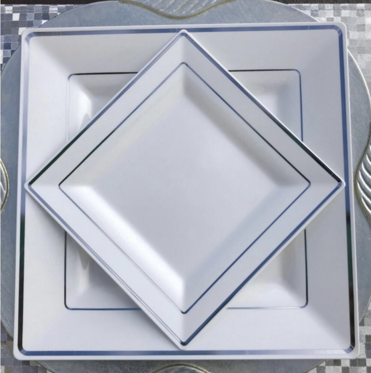Square Disposable Plates White Silver Rim 50 Pack (25 dinner) (25 salad)