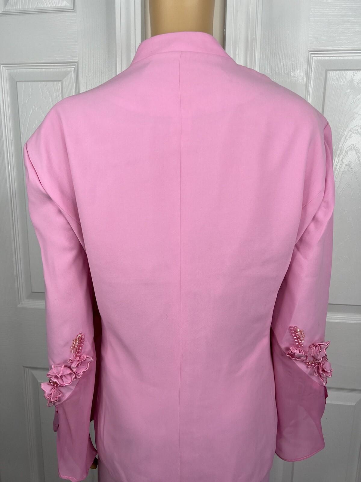 Nina Rossi Polyester Skirt Suit Top Size 22 Pink Ruffle Beaded Lined Women 3PC