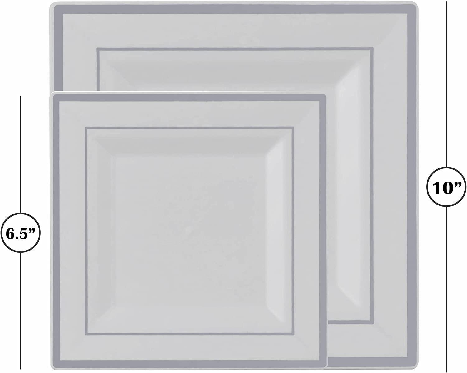 Square Disposable Plates White Silver Rim 50 Pack (25 dinner) (25 salad)