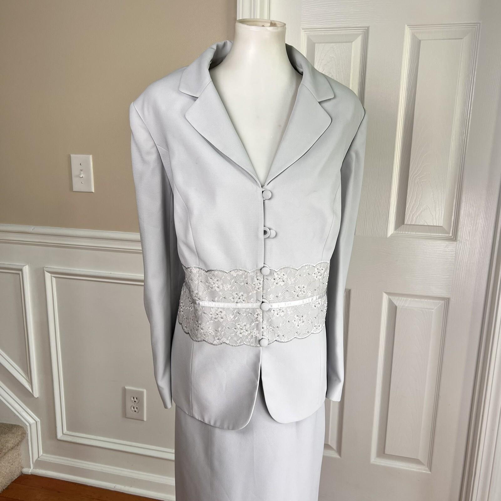 New EMILY Women 2PC Gray Beaded Polyester Lace Lined Skirt Suit Size 18W