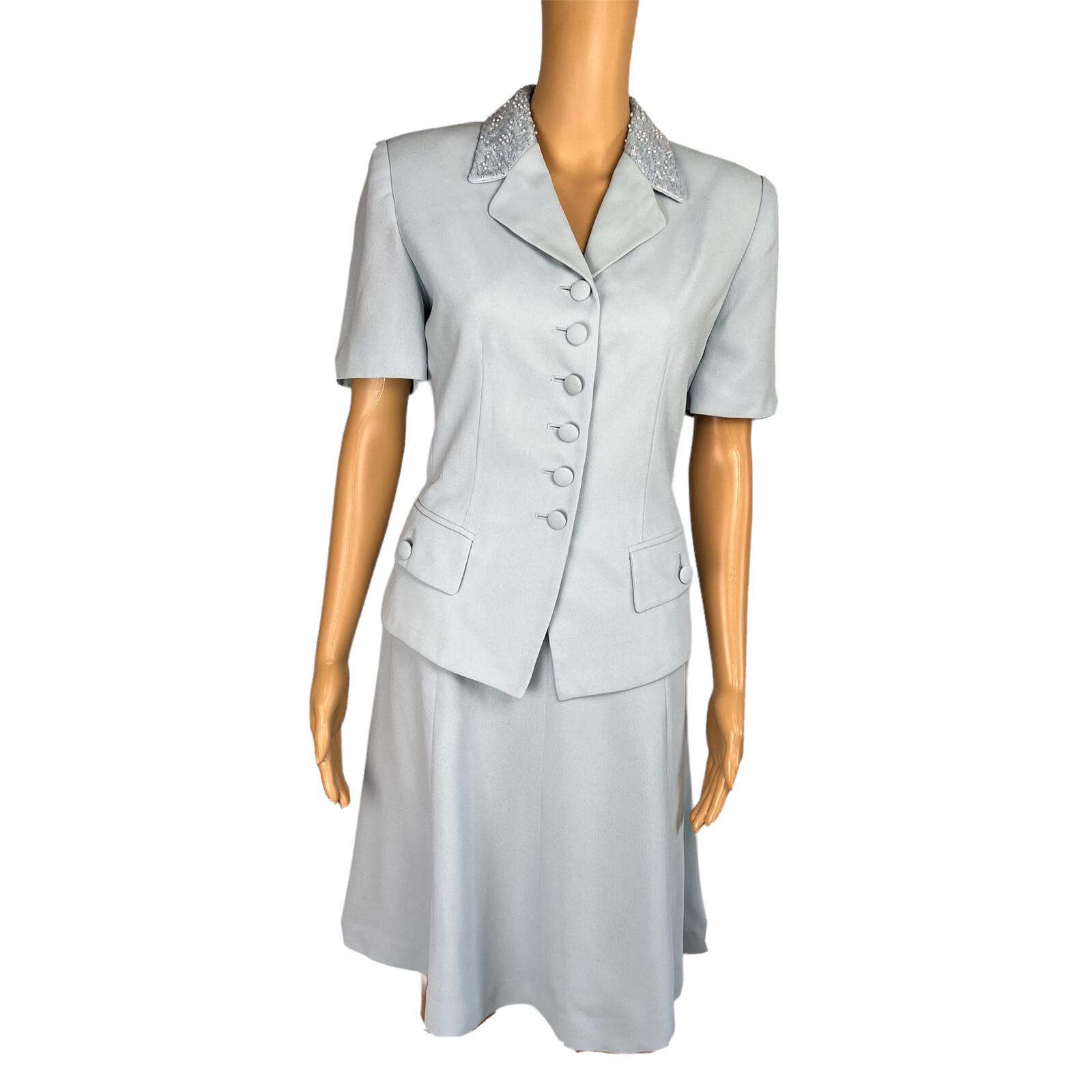 KASPER ASL Wash Blue Beaded Polyester Lined Flare Short Sleeve Skirt Suit SZ 6