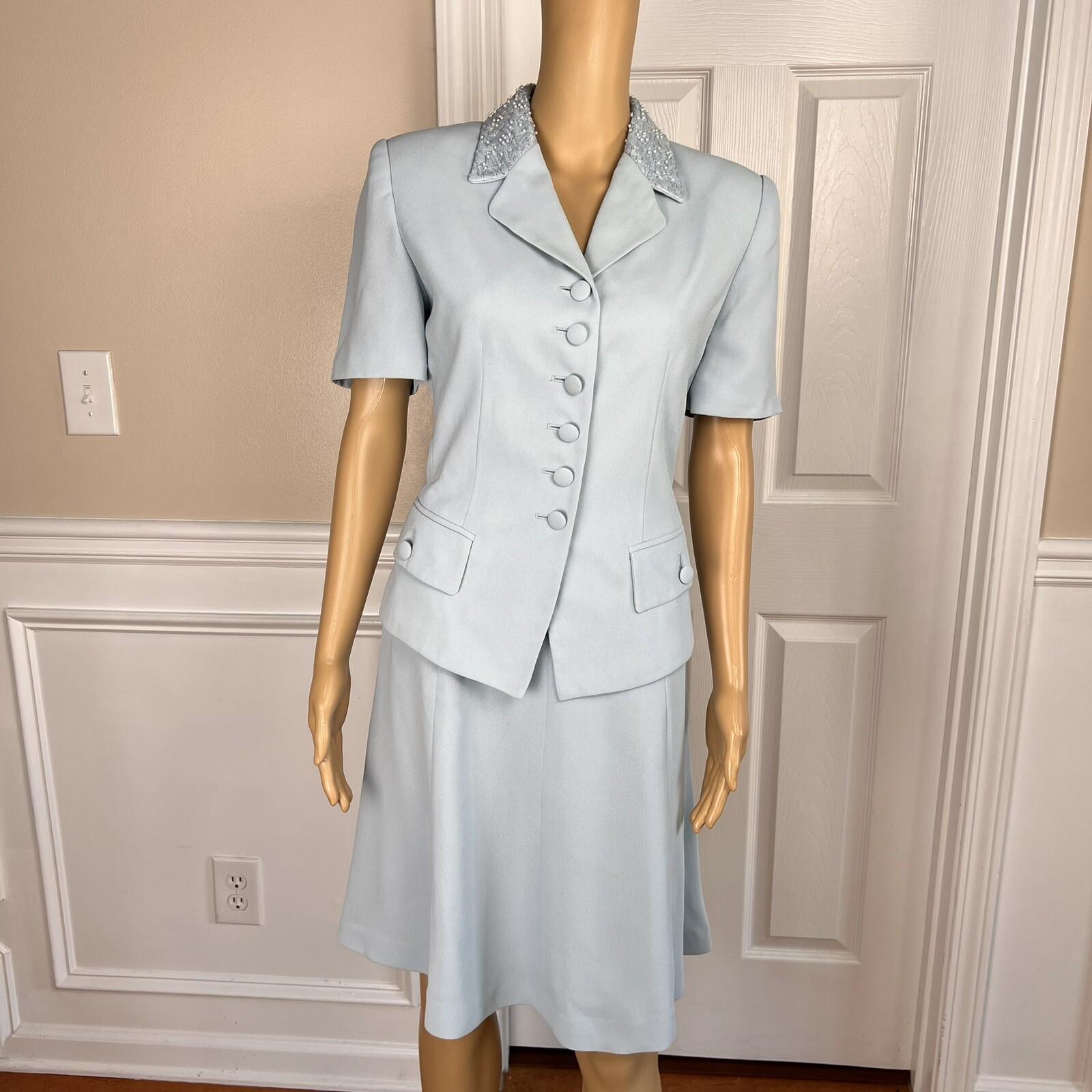 KASPER ASL Wash Blue Beaded Polyester Lined Flare Short Sleeve Skirt Suit SZ 6