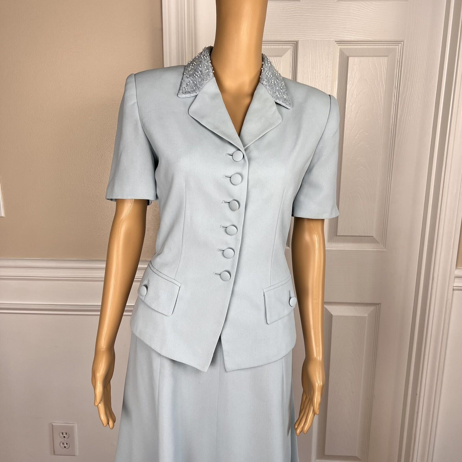 KASPER ASL Wash Blue Beaded Polyester Lined Flare Short Sleeve Skirt Suit SZ 6