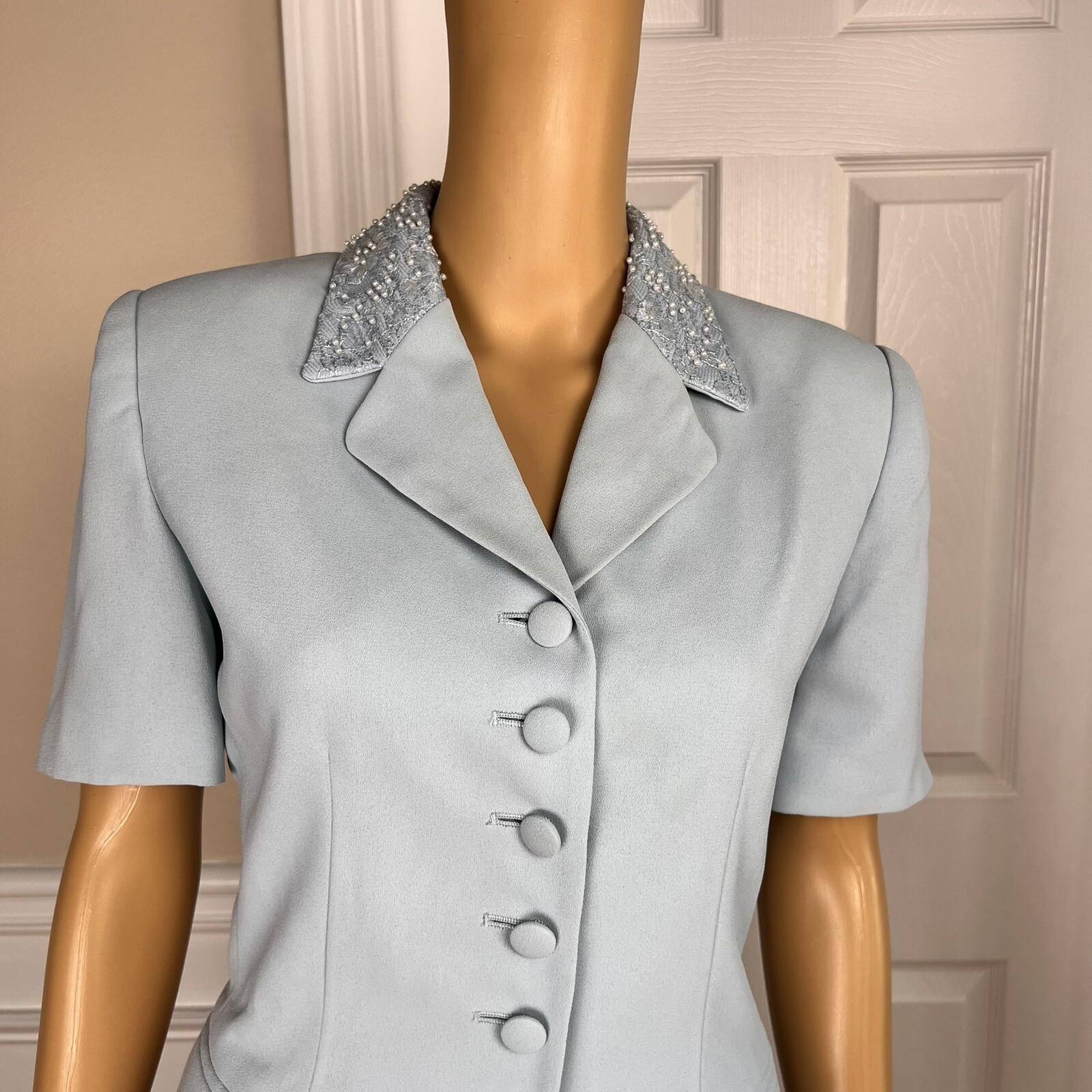 KASPER ASL Wash Blue Beaded Polyester Lined Flare Short Sleeve Skirt Suit SZ 6