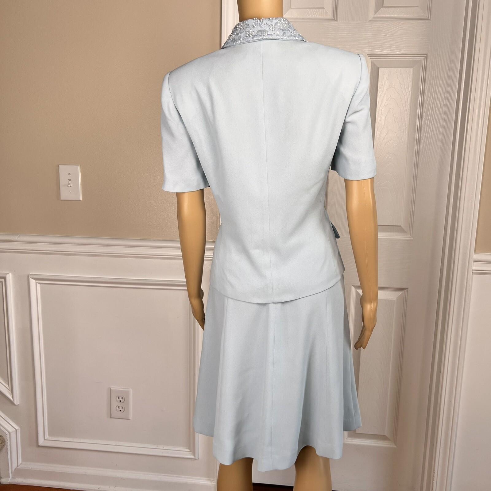 KASPER ASL Wash Blue Beaded Polyester Lined Flare Short Sleeve Skirt Suit SZ 6