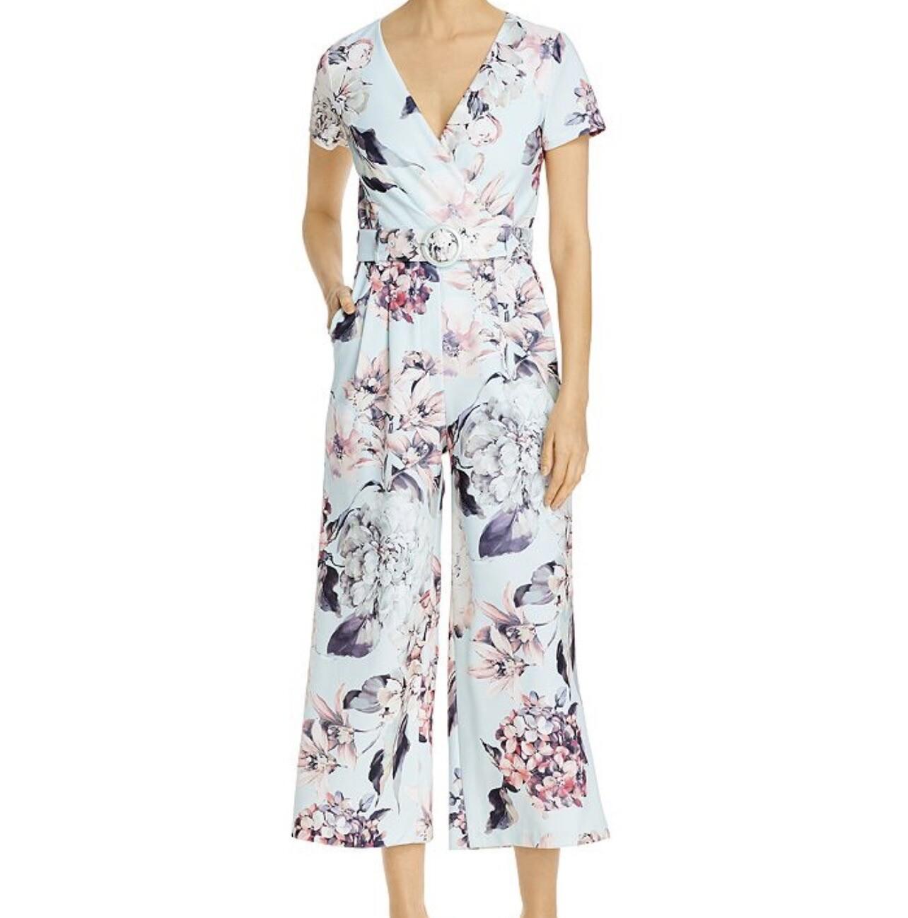 KARL LAGERFELD PARIS Blue Floral Belted Wide Leg Cropped Jumpsuit Size 14