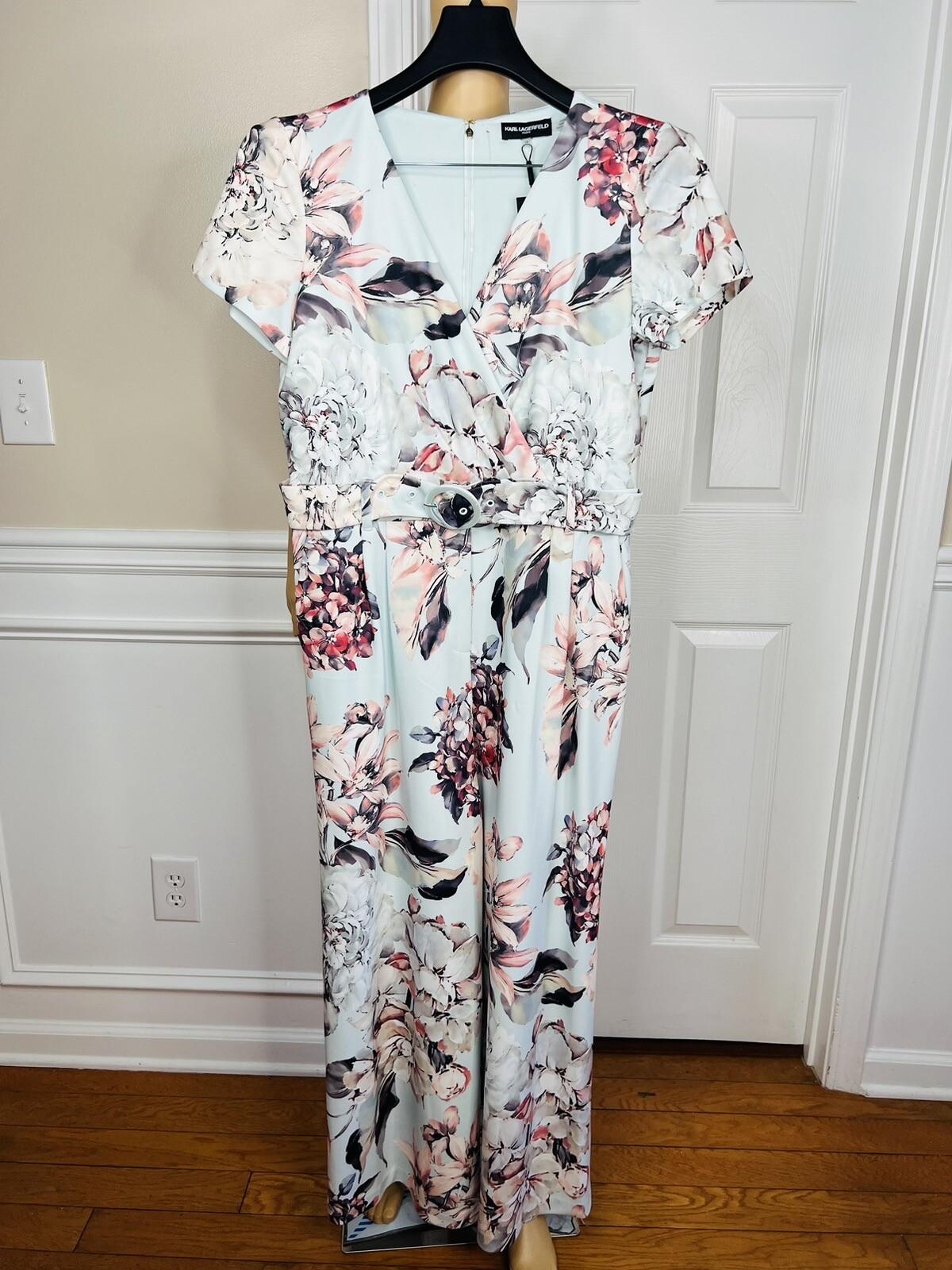 KARL LAGERFELD PARIS Blue Floral Belted Wide Leg Cropped Jumpsuit Size 14