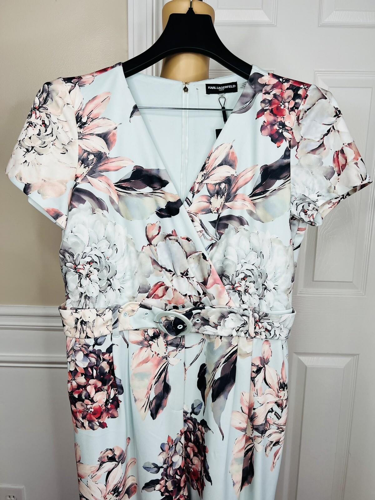 KARL LAGERFELD PARIS Blue Floral Belted Wide Leg Cropped Jumpsuit Size 14