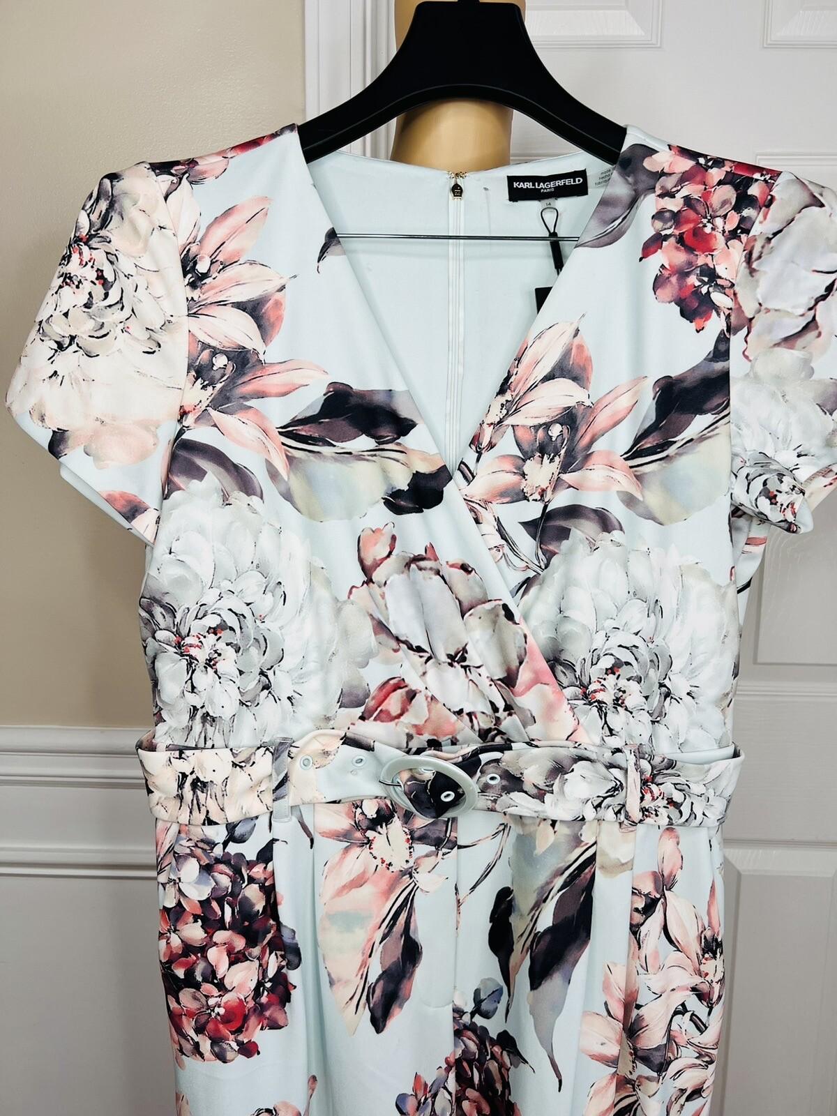 KARL LAGERFELD PARIS Blue Floral Belted Wide Leg Cropped Jumpsuit Size 14