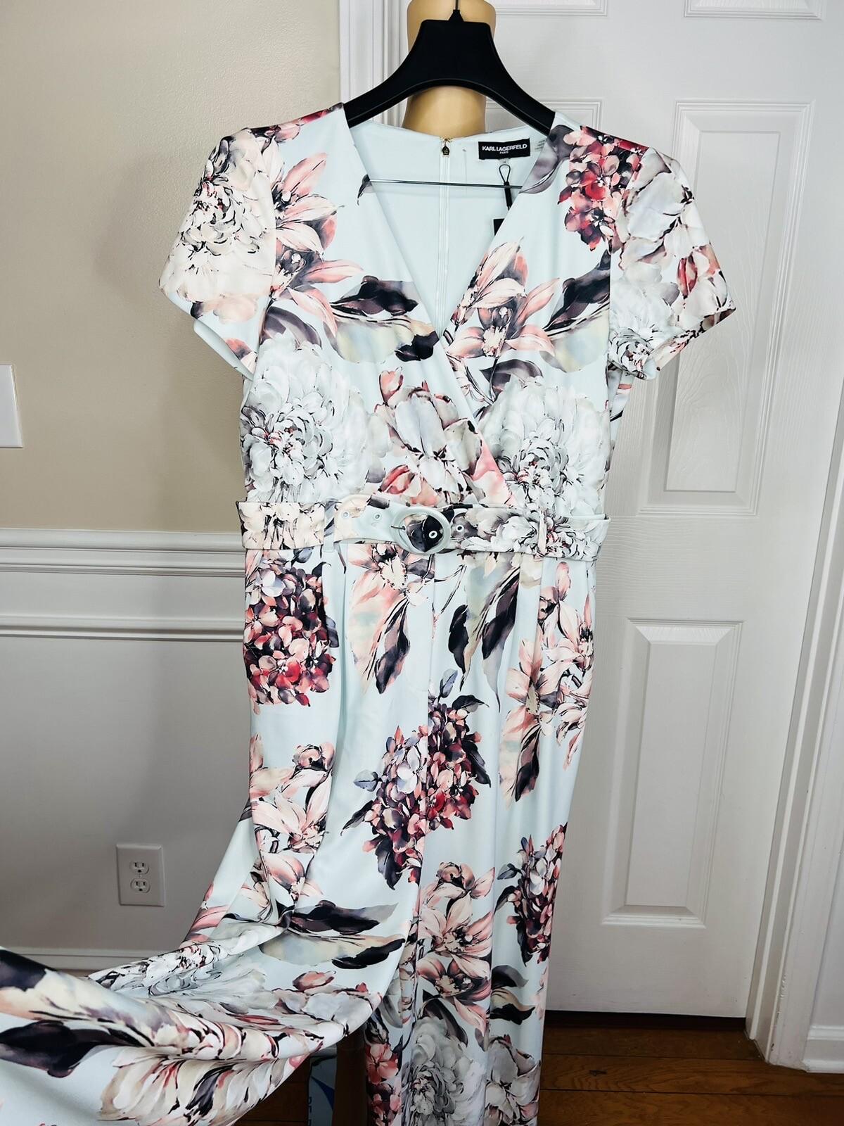 KARL LAGERFELD PARIS Blue Floral Belted Wide Leg Cropped Jumpsuit Size 14