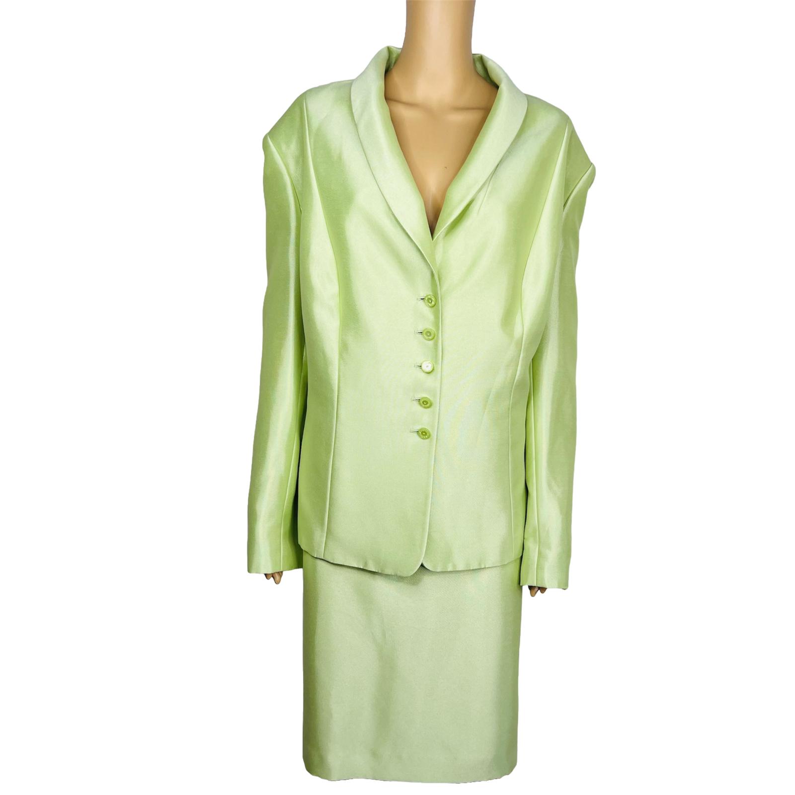 Tahari ASL Luxe Polyester Skirt Suit Size 24W Lemon Green Shawl Collar Lined 2PC
