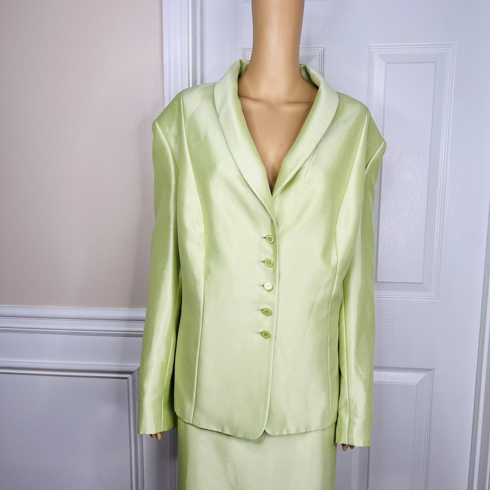 Tahari ASL Luxe Polyester Skirt Suit Size 24W Lemon Green Shawl Collar Lined 2PC