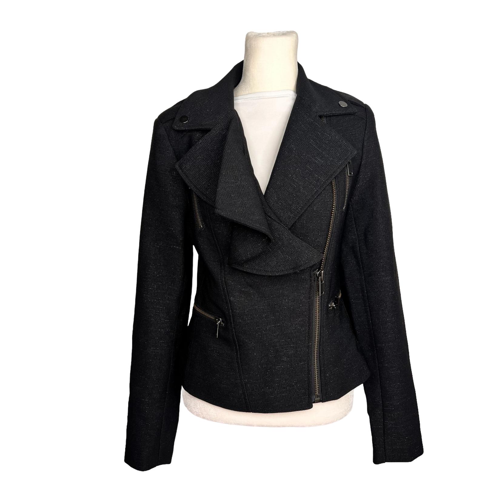 BANANA REPUBLIC Black Metallic Viscose Blend Ruffle Lined Zip Up Blazer Size 2