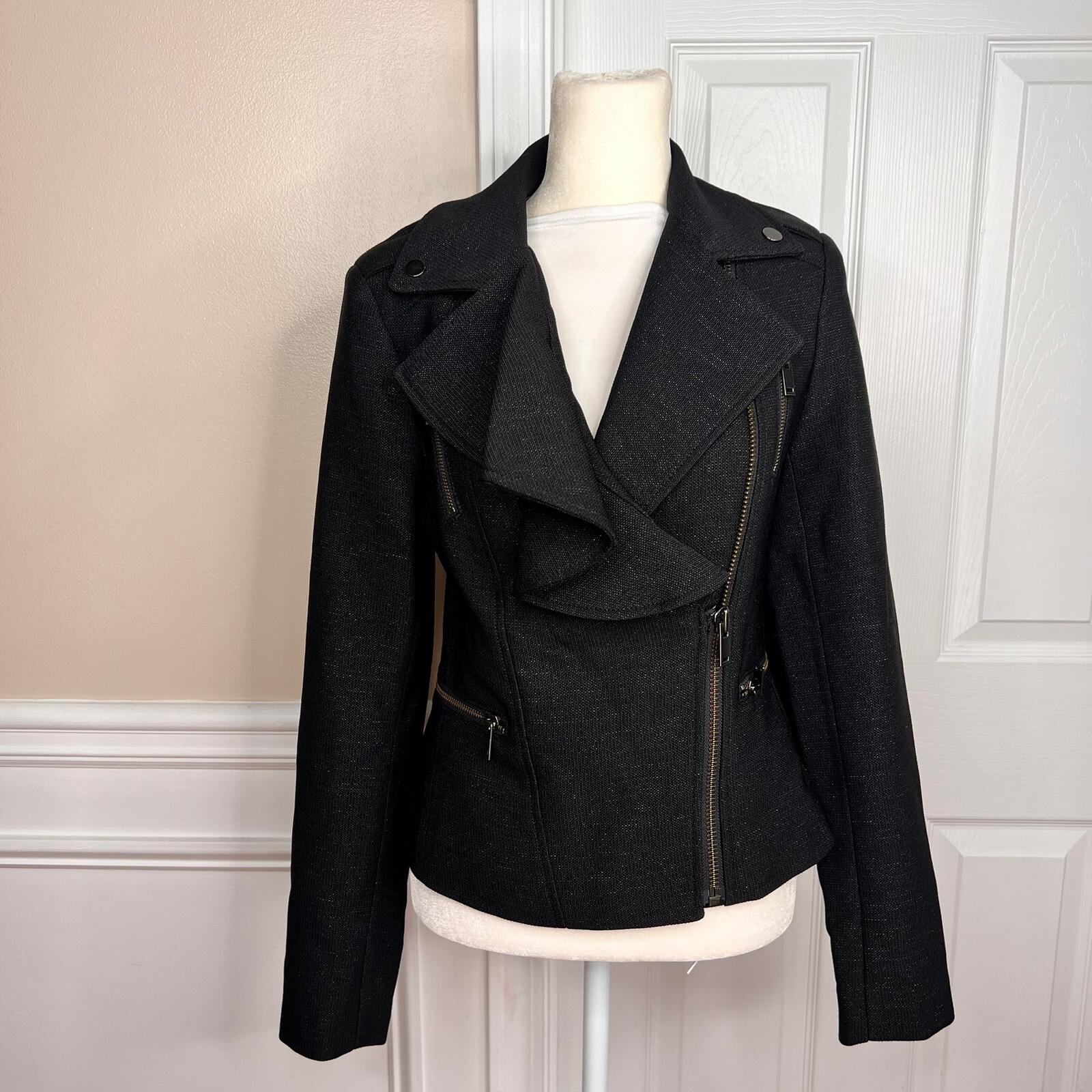 BANANA REPUBLIC Black Metallic Viscose Blend Ruffle Lined Zip Up Blazer Size 2