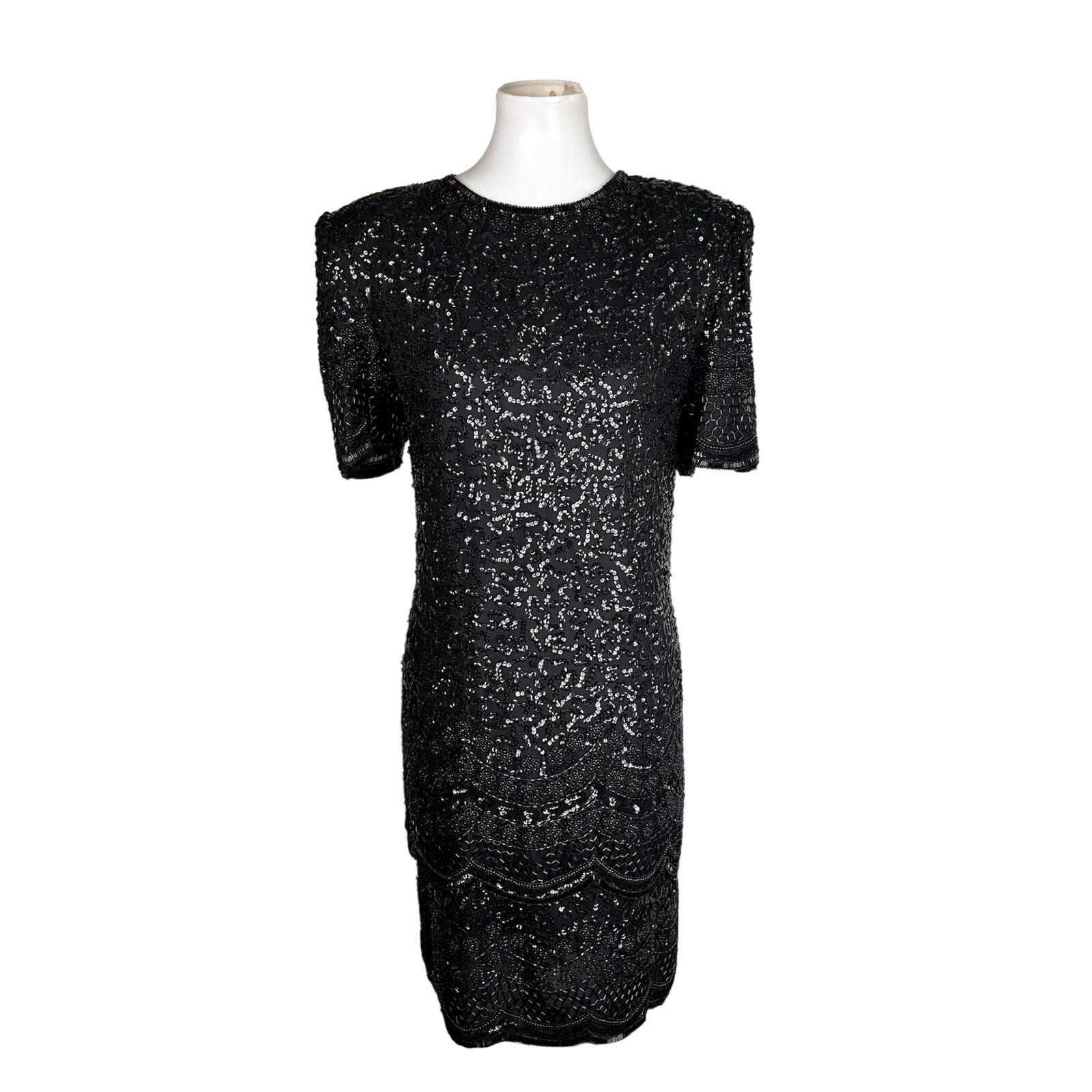 LAURENCE KAZAR NEW York Black Silk Beaded Knee Length Tiered Dress Size M