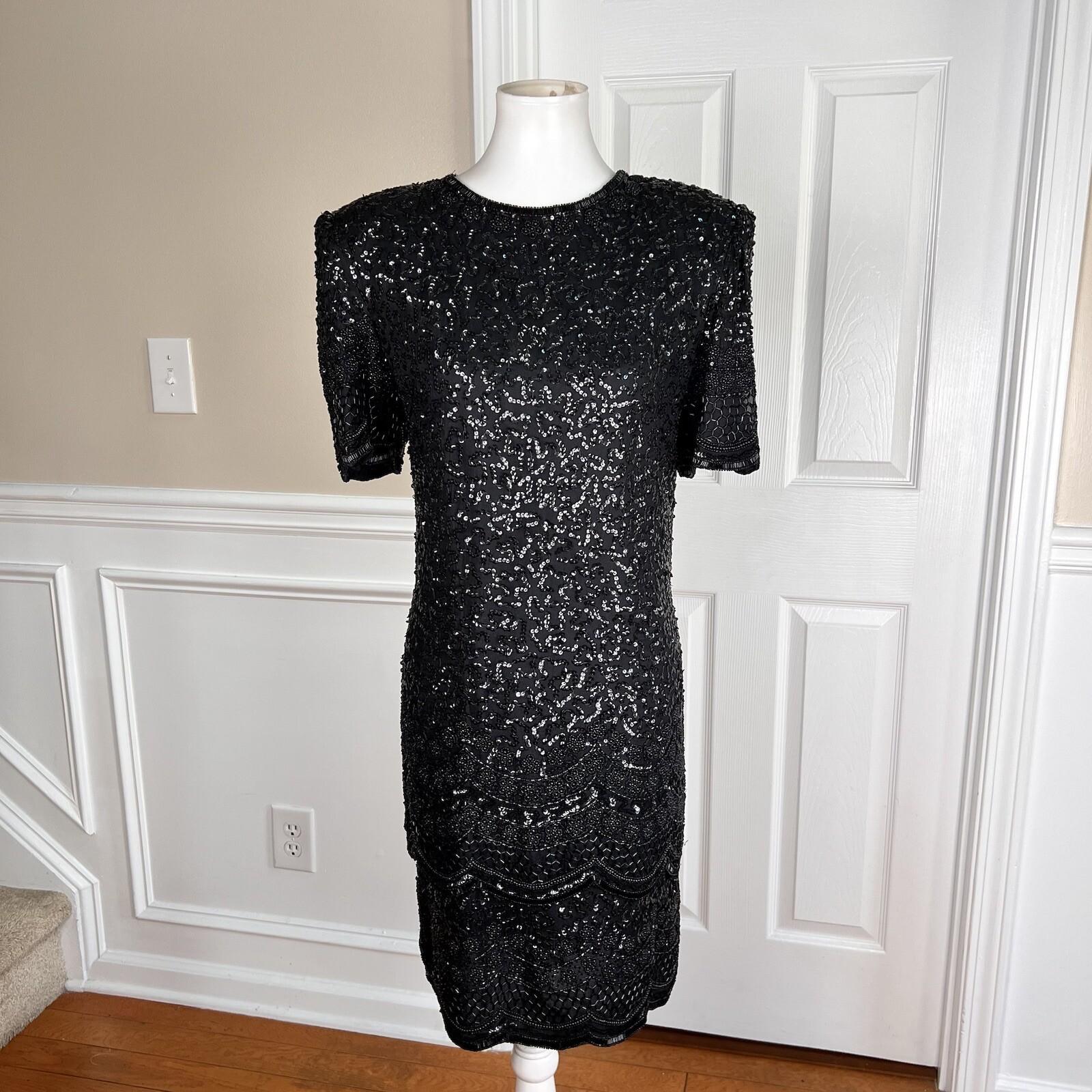 LAURENCE KAZAR NEW York Black Silk Beaded Knee Length Tiered Dress Size M