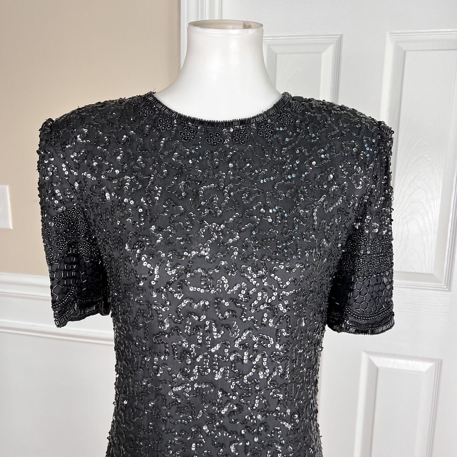 LAURENCE KAZAR NEW York Black Silk Beaded Knee Length Tiered Dress Size M