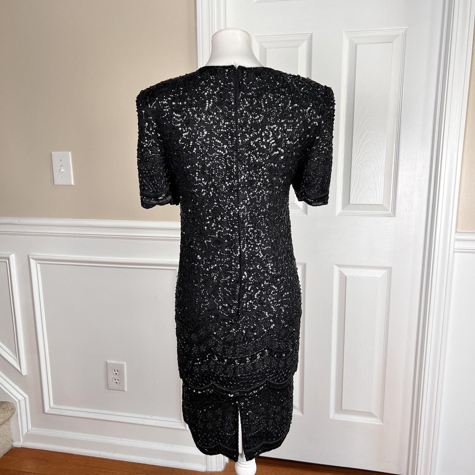 LAURENCE KAZAR NEW York Black Silk Beaded Knee Length Tiered Dress Size M