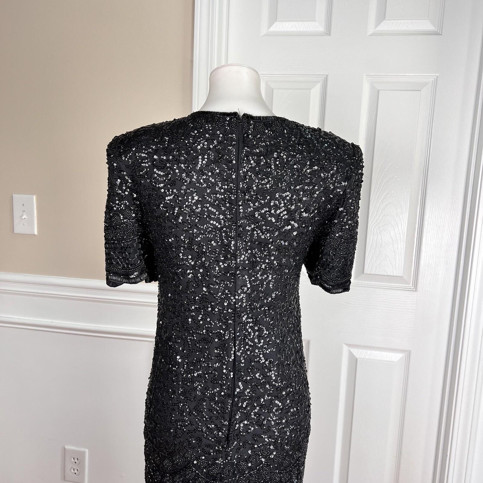 LAURENCE KAZAR NEW York Black Silk Beaded Knee Length Tiered Dress Size M