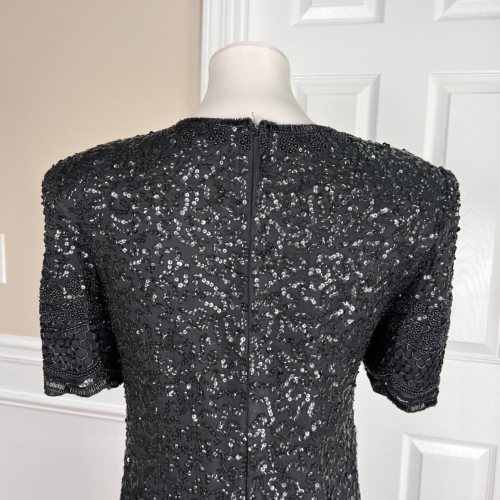 LAURENCE KAZAR NEW York Black Silk Beaded Knee Length Tiered Dress Size M