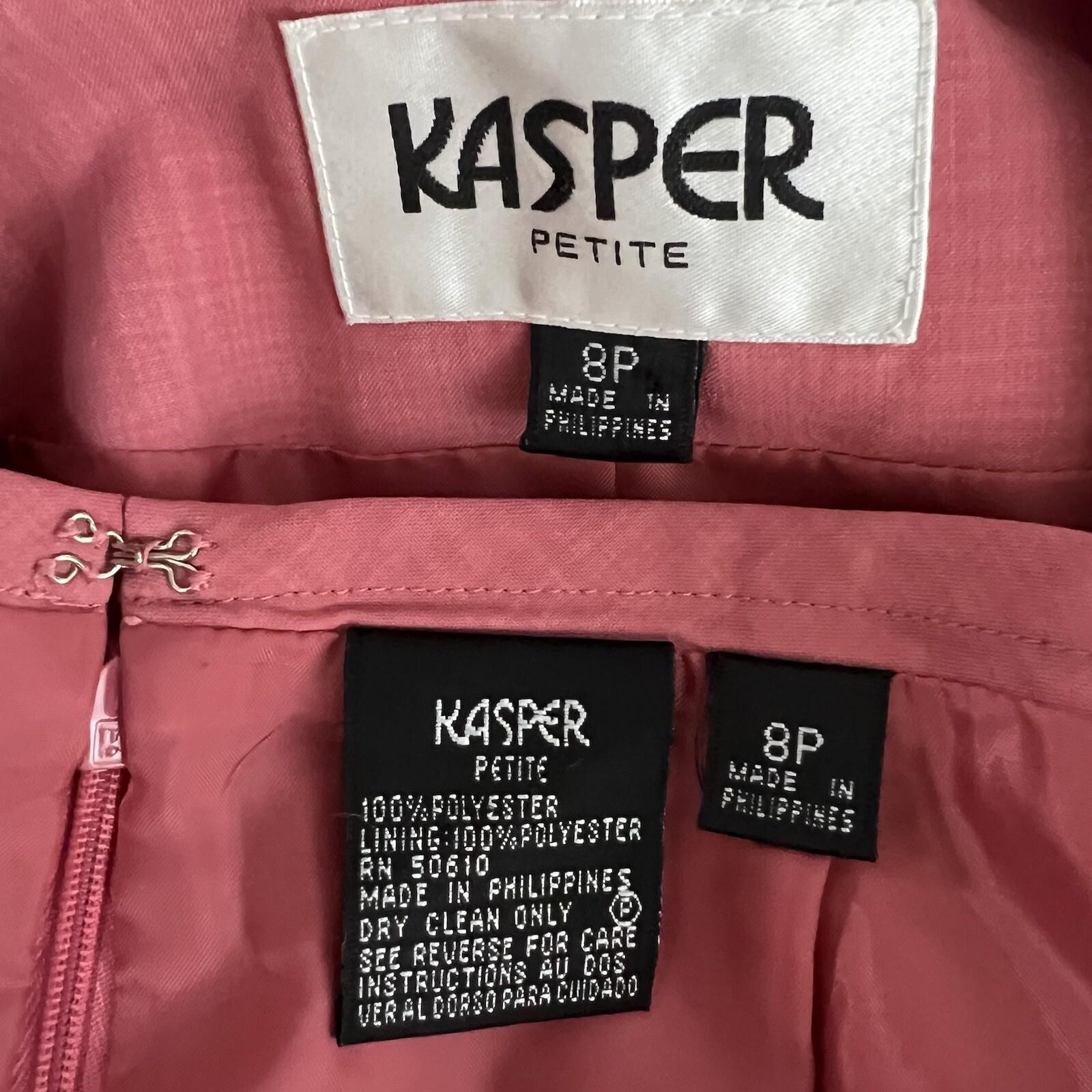 Kasper Women Polyester Skirt Suit Size 8P Coral 3 Button Lined Notch Collar 2PC