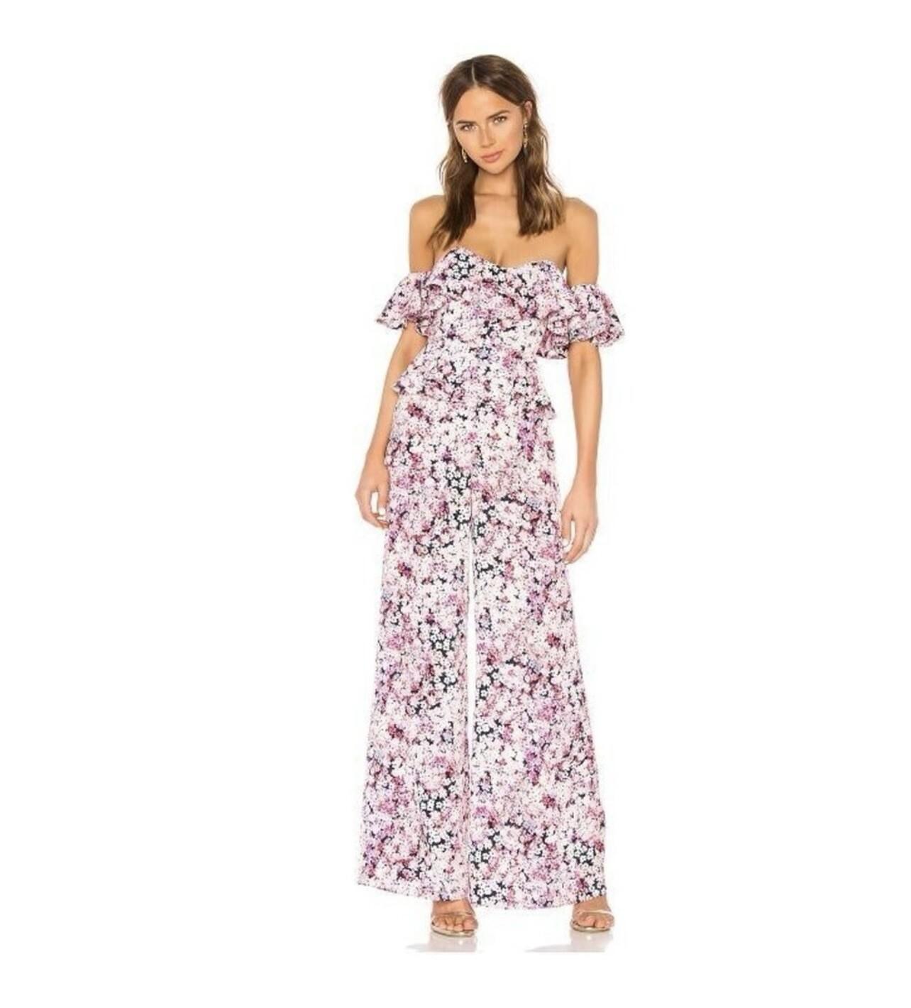 Michael Costello X Revolve Polyester Stretch Jumpsuit XS Pink Blossom Peplum