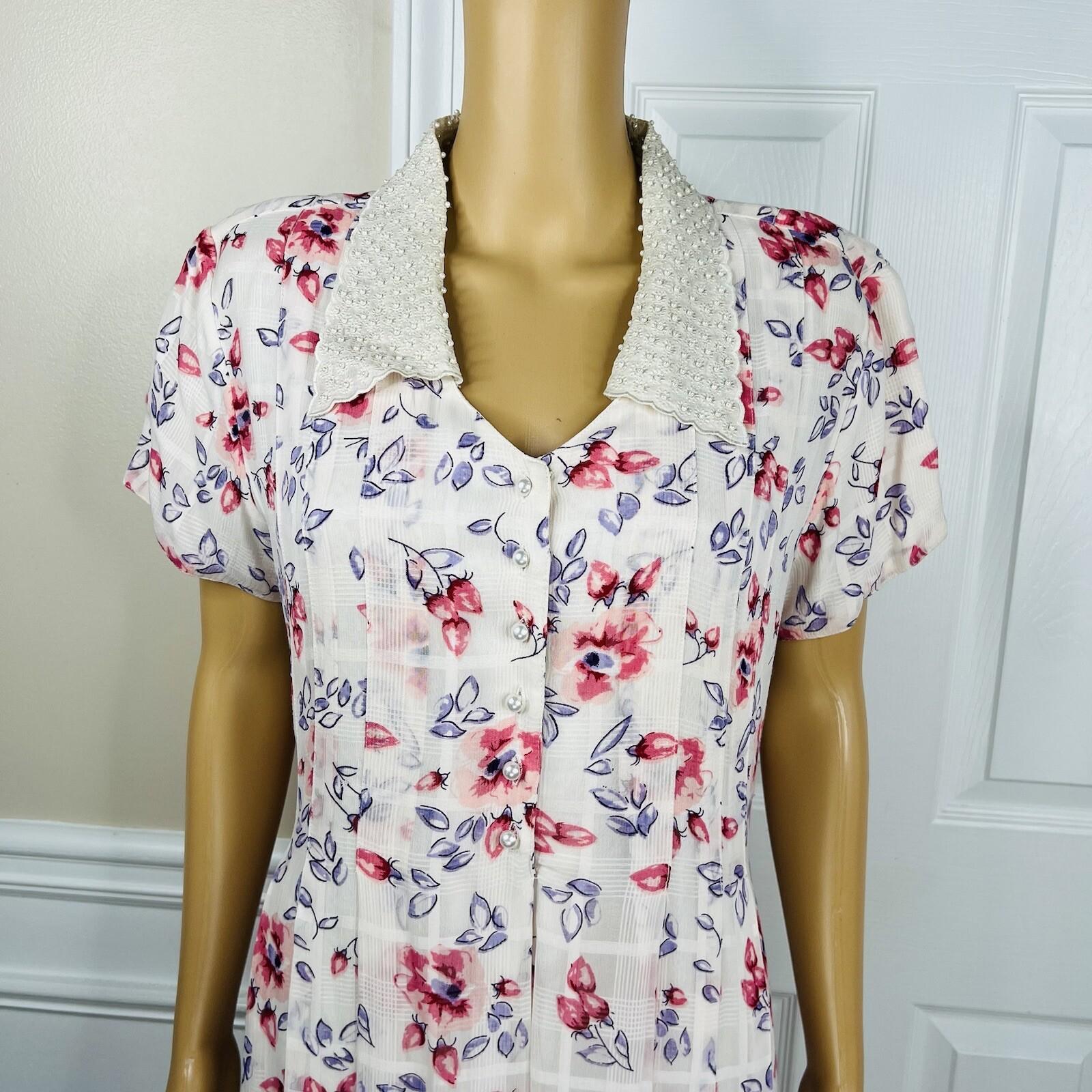 10-4980.jpg Sarah Elizabeth Vintage Rayon Dress Size 12 Floral Beaded Belted Pleated Lined