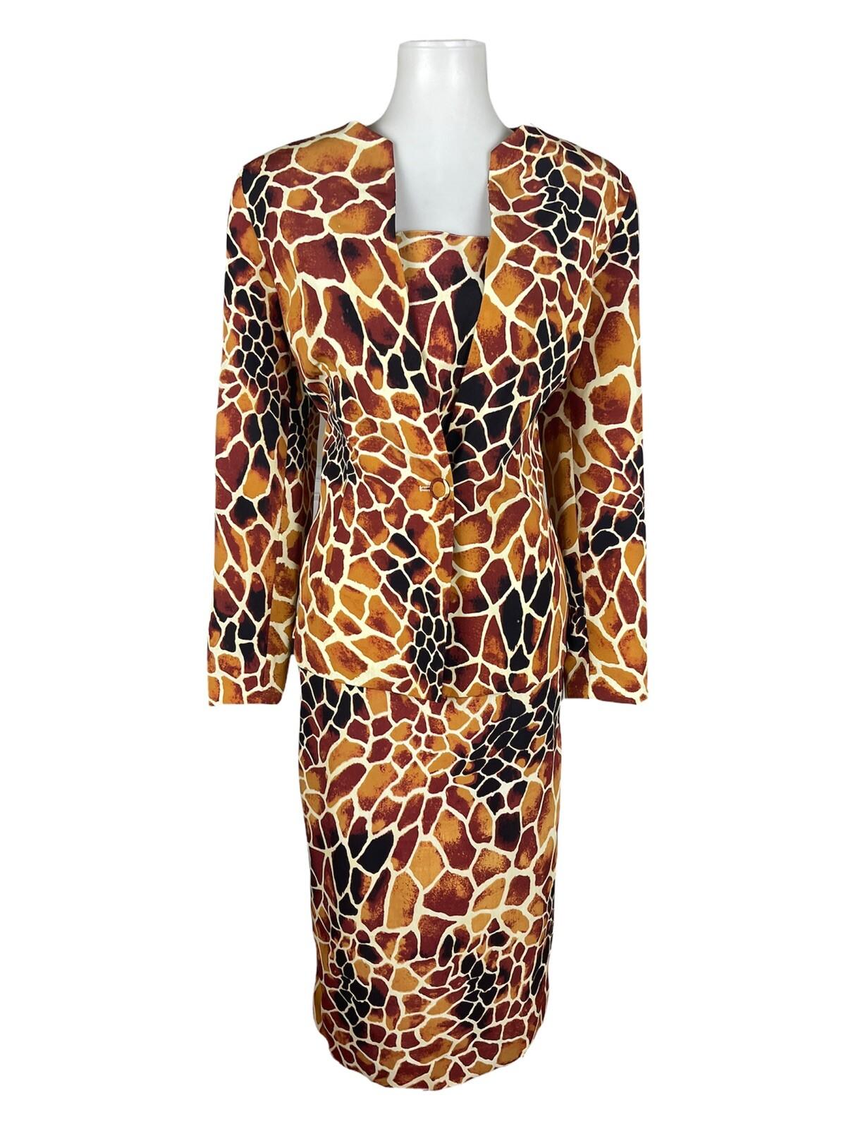EMR Women 2PC Abstract Print Polyester Lined Collarless Skirt Suit Size 10