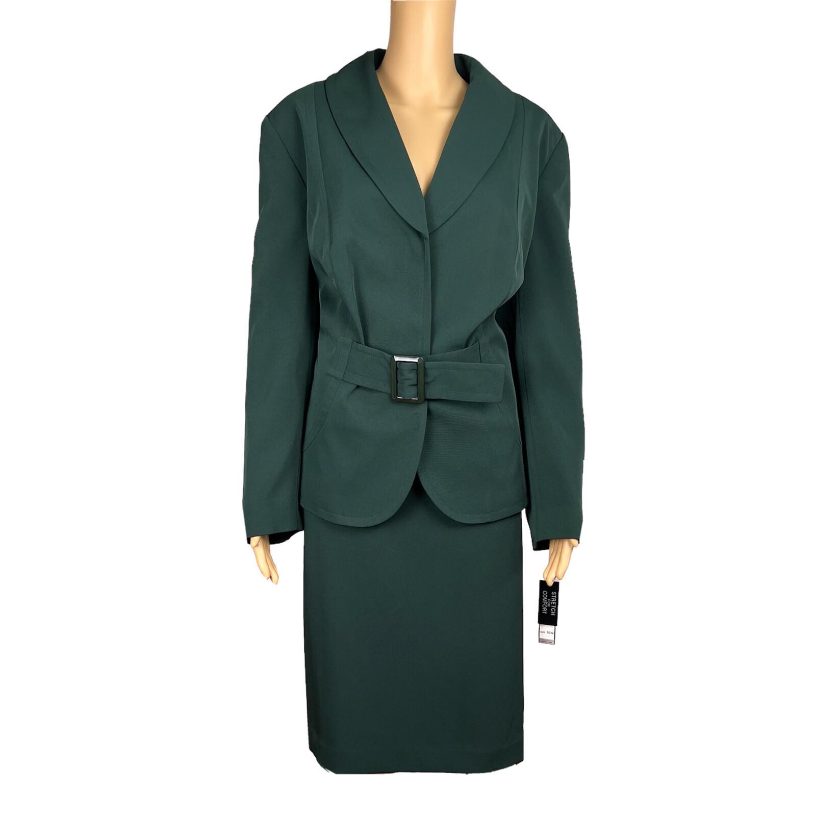John Meyer Polyester Spandex Skirt Suit 16W Green 2Piece Shawl Collar Belted New