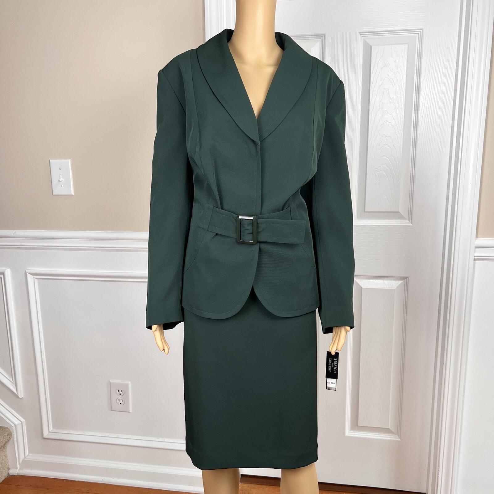 John Meyer Polyester Spandex Skirt Suit 16W Green 2Piece Shawl Collar Belted New