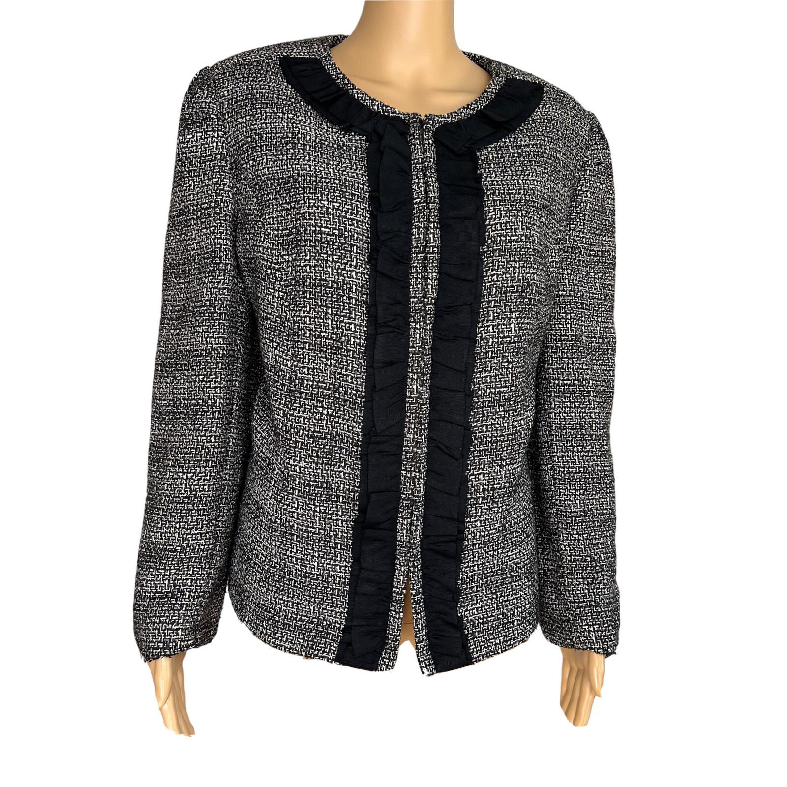 TAHARI ASL Women Black White Tweed Lined Collarless Ruffle Blazer Size 14W