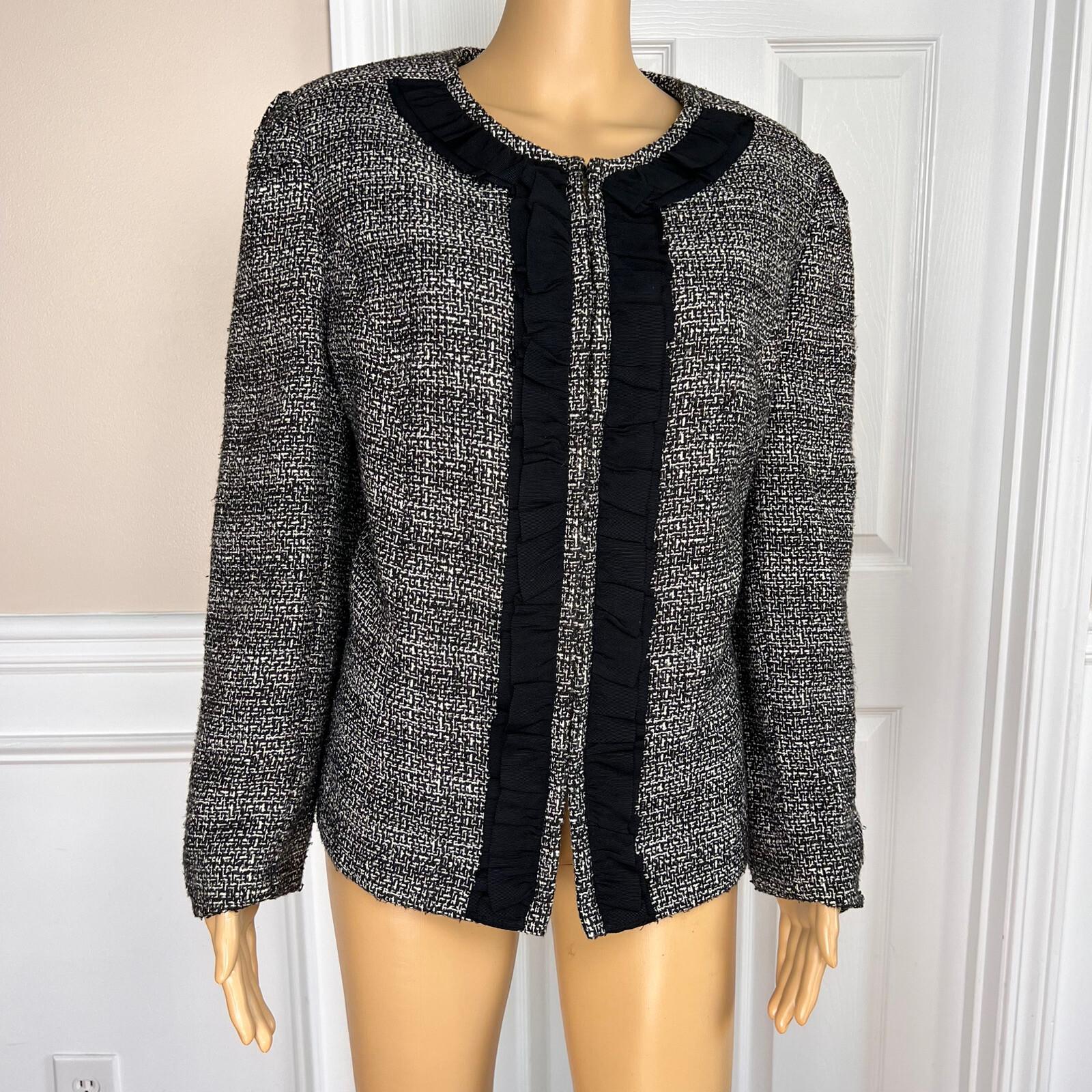 TAHARI ASL Women Black White Tweed Lined Collarless Ruffle Blazer Size 14W